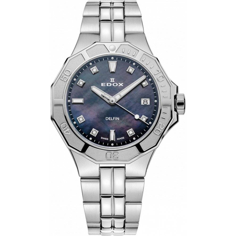 Edox Delfin dames duikhorloge 38mm met blauwe parelmoeren wijzerplaat en roestvrijstalen band, waterdicht tot 20 ATM. Swiss Made horloge voor avontuurlijke vrouwen.