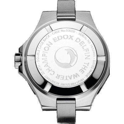 Edox Delfin dames duikhorloge 38mm met blauwe parelmoeren wijzerplaat en roestvrijstalen band, waterdicht tot 20 ATM. Swiss Made horloge voor avontuurlijke vrouwen.
