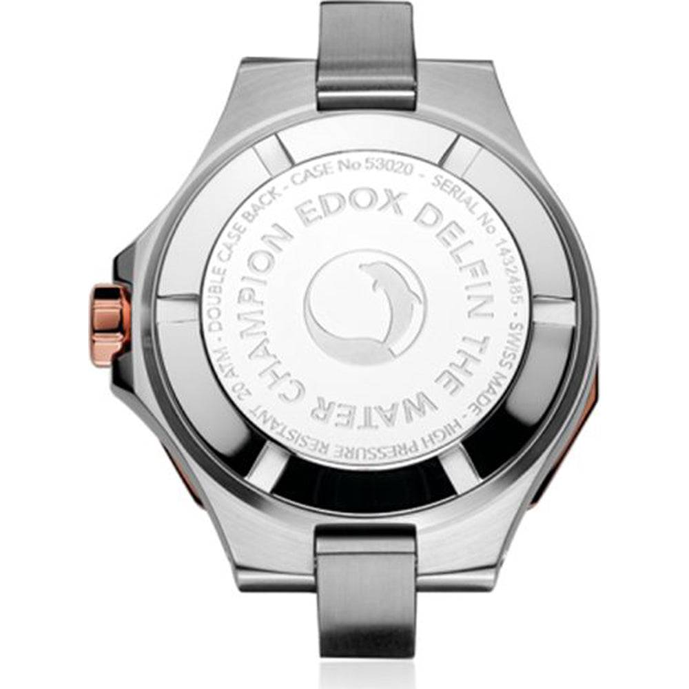 Edox Delfin dames duikhorloge 38mm 20ATM kopen met roze parelmoeren wijzerplaat en roségoud accenten. Luxe Swiss Made horloge voor dames.