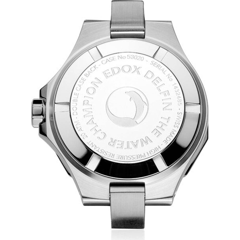 Edox Delfin Diver Horloge 53020-3M-BUN met blauwe wijzerplaat en roestvrijstalen band, dameshorloge waterdicht tot 20 ATM.