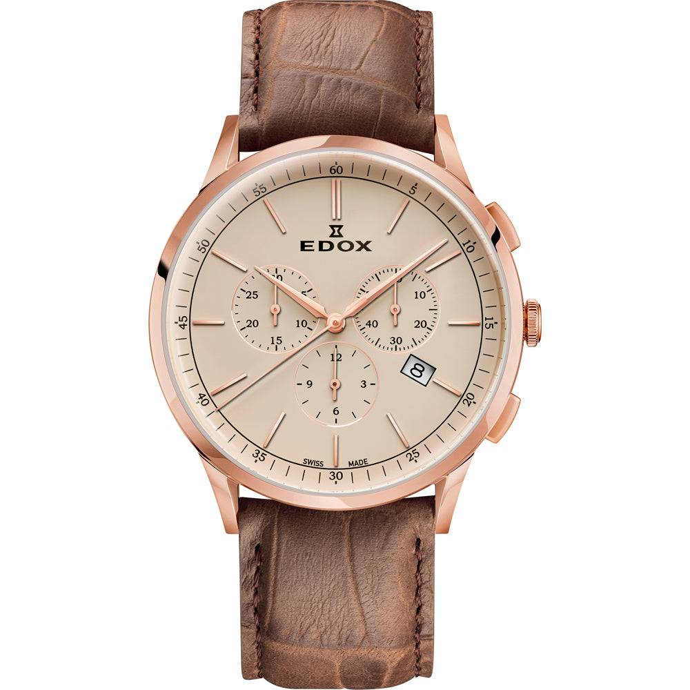 Edox Les Vauberts 10236-37RC-BEIR herenhorloge, 42mm met roségouden kast, beige wijzerplaat en bruine leren band. Swiss Made, stijlvol en elegant.