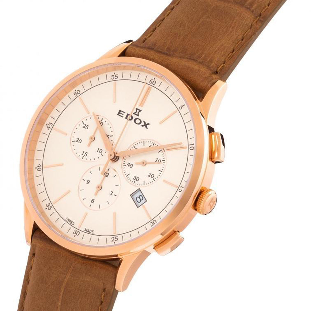 Edox Les Vauberts 10236-37RC-BEIR Chronograaf Herenhorloge met 42mm roségouden kast en bruine leren band. Elegant Swiss Made design.