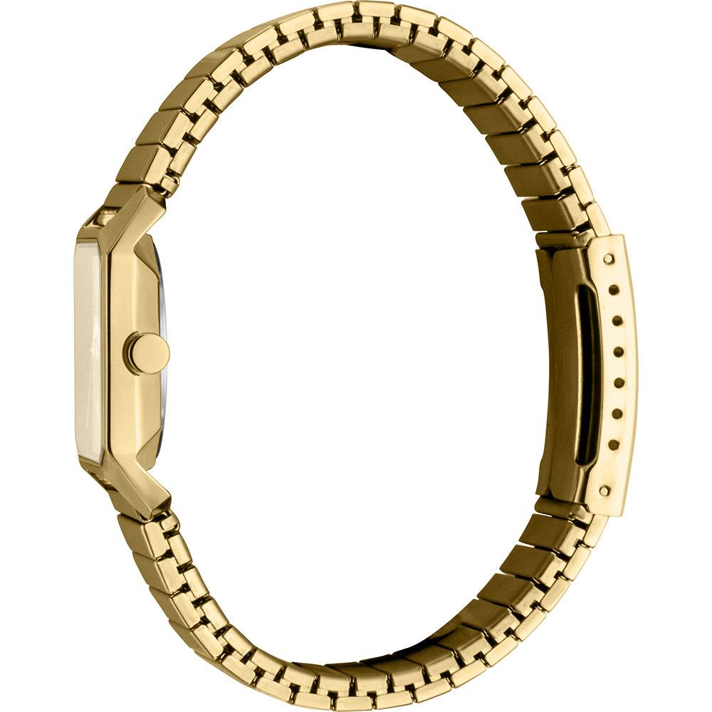 Esprit ES1L070E0075 Cube Mini dameshorloge 25mm met goudkleurige metalen schakelband en slanke kast, zijaanzicht voor elegante look.