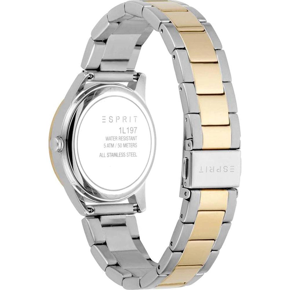 Esprit dameshorloge Daphne Crystals ES1L197M0095 met zilver-goudkleurige schakelband en kristallen wijzerplaat, elegant accessoire voor dames.