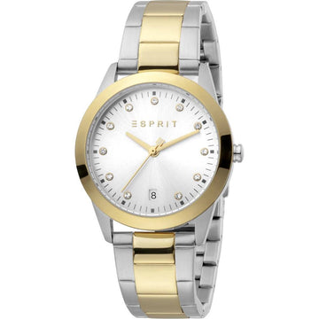 Esprit dameshorloge Daphne Crystals ES1L197M0095 met zilver-goudkleurige schakelband en kristallen wijzerplaat, elegant accessoire voor dames.