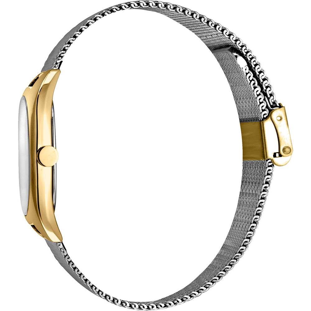 Zijaanzicht van de Esprit ES1L038M0115 dameshorloge 32mm met goudkleurige kast en zilveren mesh band. Elegant horloge voor dames.