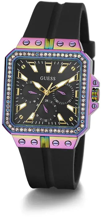 Guess Watches LIBRA GW0618L3 dameshorloge 34mm met een zwart siliconen bandje en een vierkante kast met regenboogkleurige accenten en kristallen.