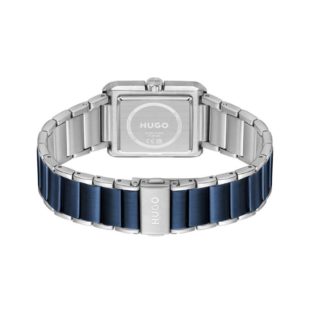 Hugo Boss Orange Thrive HU1530382 herenhorloge met rechthoekige kast van 30x40mm en zilver-blauwe schakelband. Luxe accessoire voor herenmode.