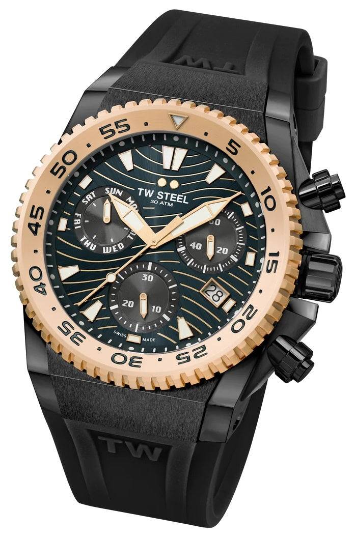 TW Steel Swiss Chronograaf Herenhorloge 44 mm met zwart rubberen band en roségouden bezel, limited edition duikhorloge voor heren.