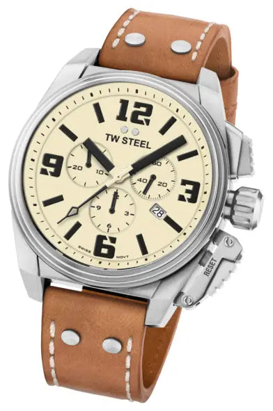 TW Steel TW1010 Canteen Chronograaf herenhorloge 46mm met beige wijzerplaat, bruine leren band en zilverkleurige kast. Stijlvol accessoire voor mannen.