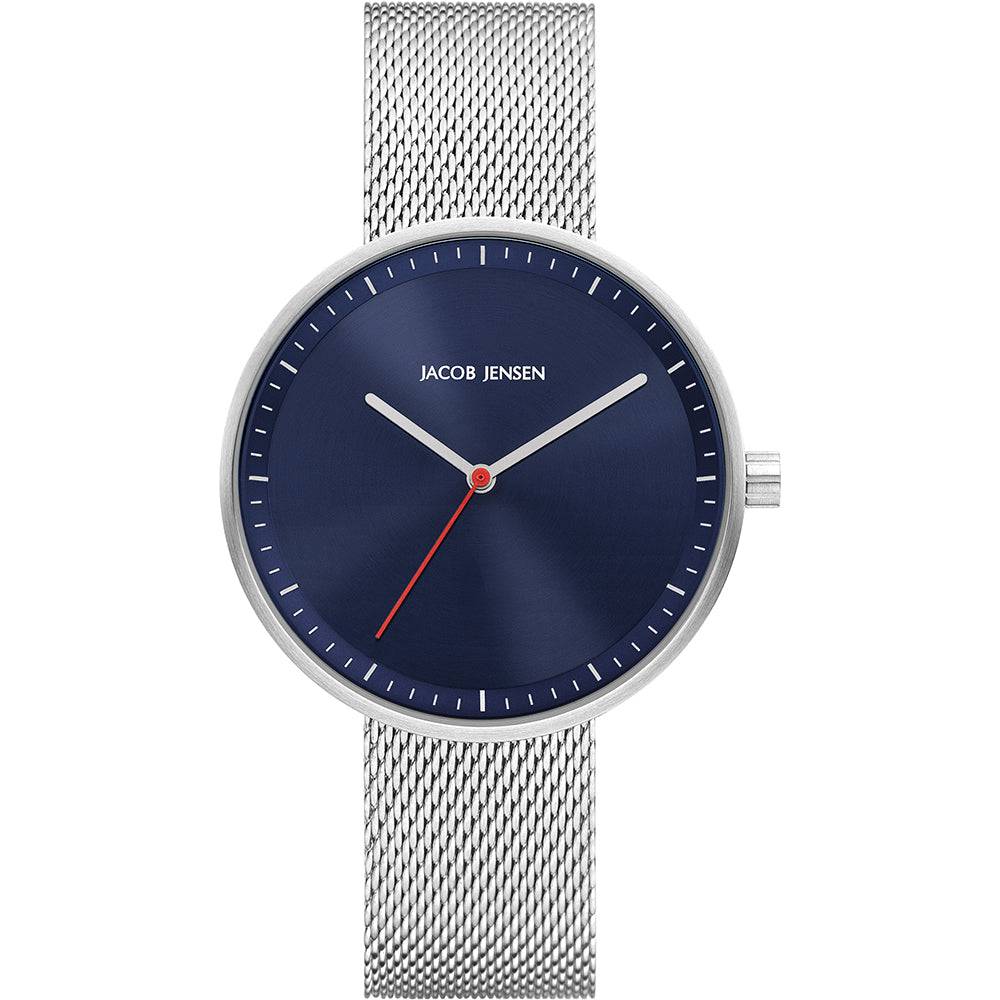 Jacob Jensen Strata dameshorloge JJ289 36mm met blauw wijzerplaat en zilverkleurige mesh band. Luxe en minimalistisch ontwerp.