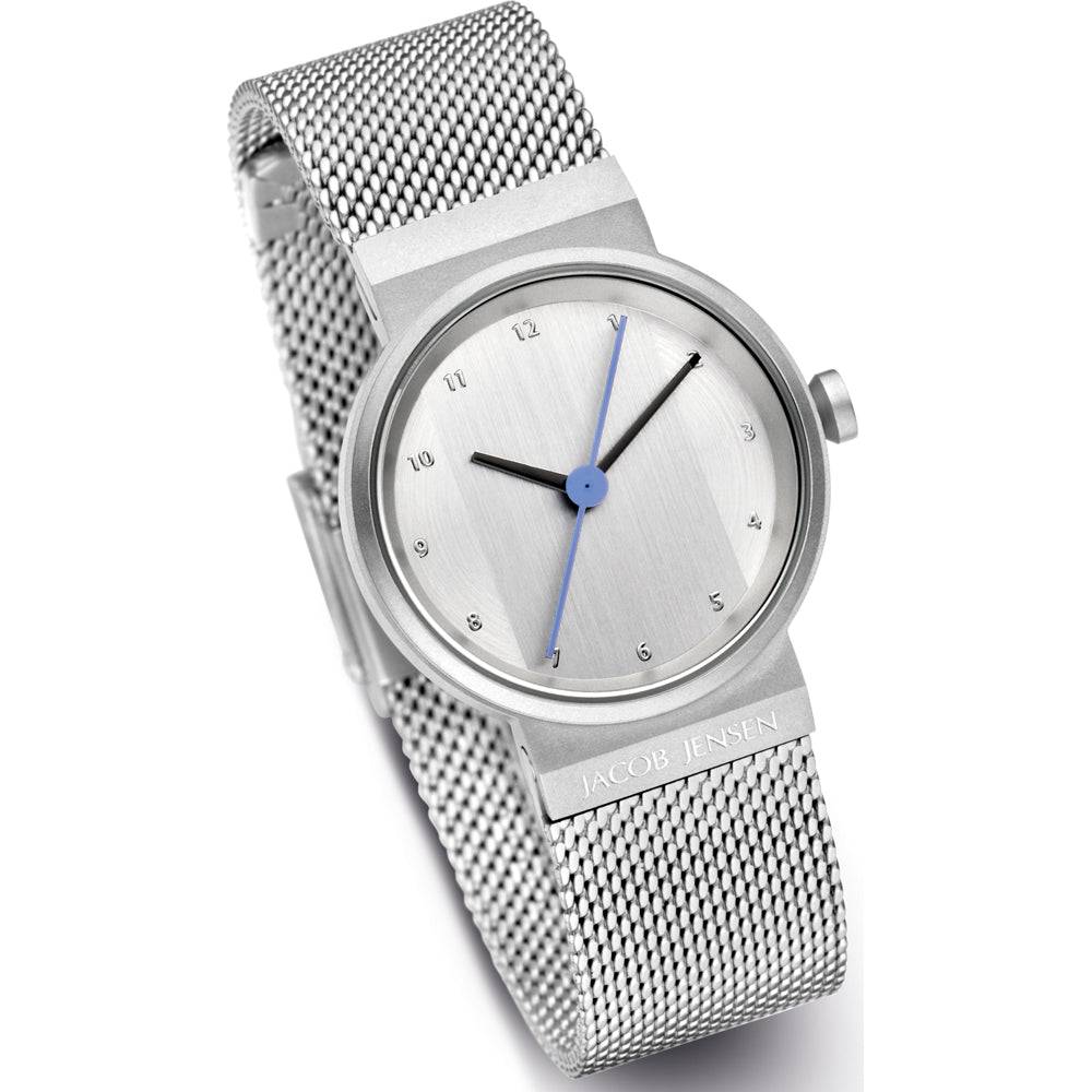 Jacob Jensen dameshorloge JJ791 29mm met zilverkleurige mesh band en minimalistisch design, ideaal voor elegante gelegenheden.