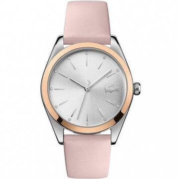 Lacoste dameshorloge 36mm - LC2001098 met roze leren band en zilverkleurige wijzerplaat, trendy en elegant accessoire voor elke outfit.