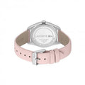 Achteraanzicht van Lacoste dameshorloge 36mm - LC2001098 met roze leren band en zilverkleurige kast, elegant en trendy design.