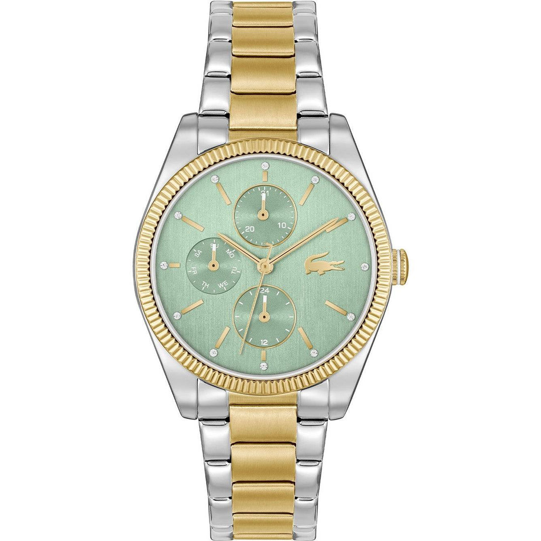 Lacoste Dameshorloge - LC2001364 Orsay 36mm met lichtgroene wijzerplaat, goud-zilveren RVS band en dag+datum functie, stijlvol en waterdicht.