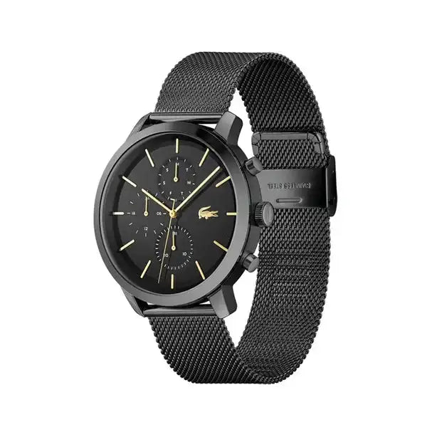 Lacoste LC2011194 Herenhorloge - Replay 40mm met zwarte roestvrijstalen mesh band en gouden accenten. Quartz uurwerk, stijlvol en waterbestendig.