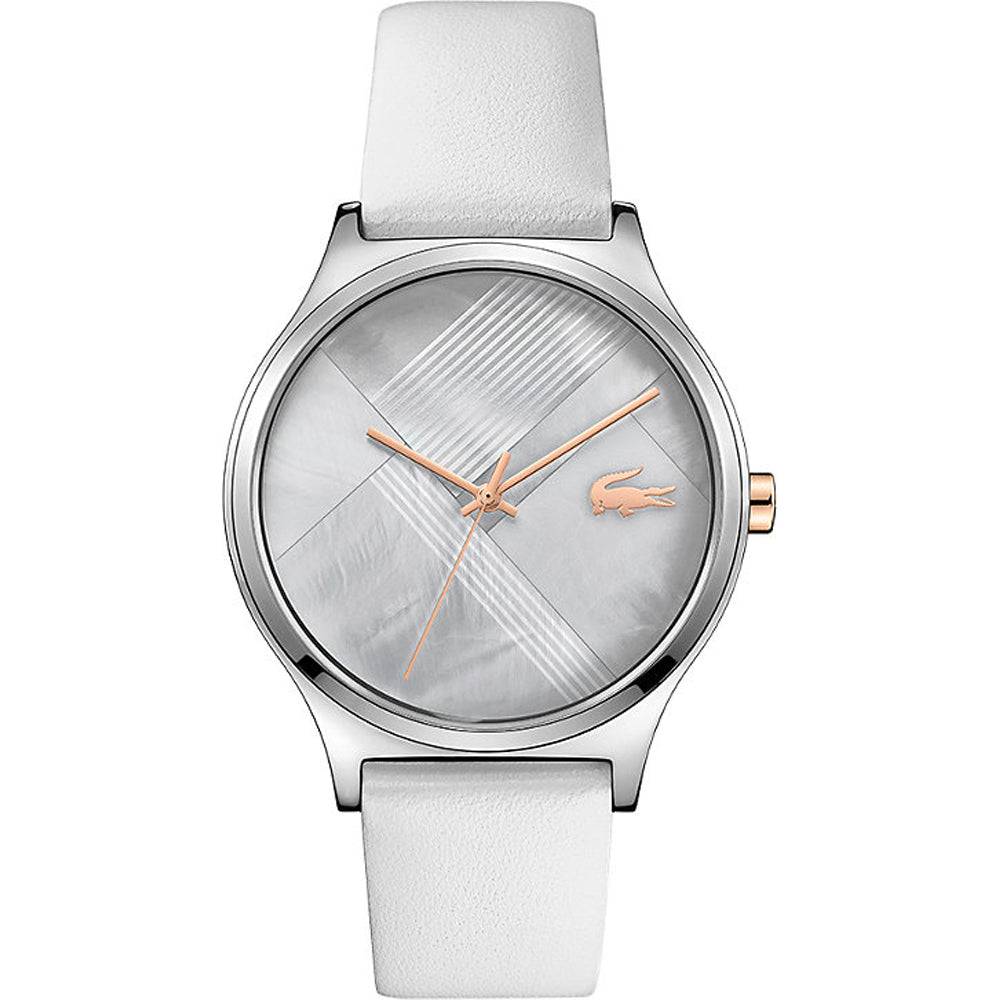 Lacoste Nikita dameshorloge 38mm met witte leren band en parelmoer wijzerplaat, stijlvol en elegant voor modebewuste vrouwen.