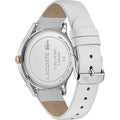 Lacoste Nikita dameshorloge 38mm met witte leren band en roestvrijstalen kast, elegant en stijlvol voor modebewuste vrouwen.