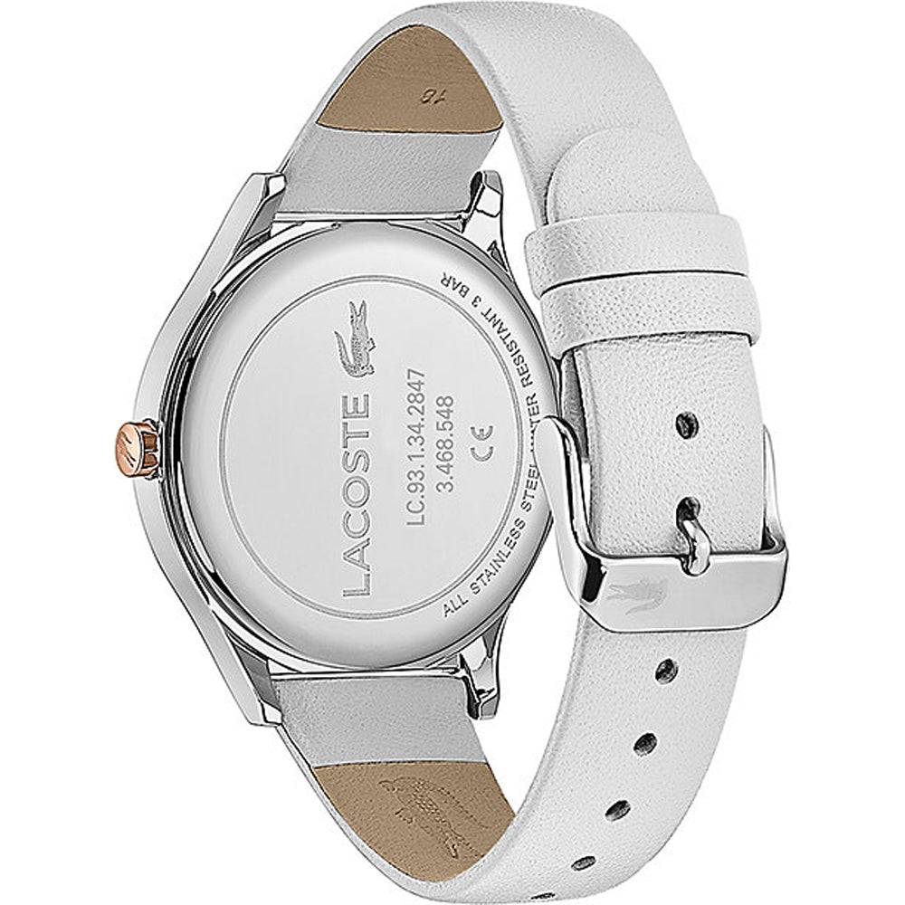 Lacoste Nikita dameshorloge 38mm met witte leren band en roestvrijstalen kast, elegant en stijlvol voor modebewuste vrouwen.