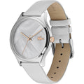 Lacoste Nikita Dameshorloge 38mm met zilverkleurige kast en witte leren band, stijlvol Lacoste dameshorloge voor modebewuste vrouwen.