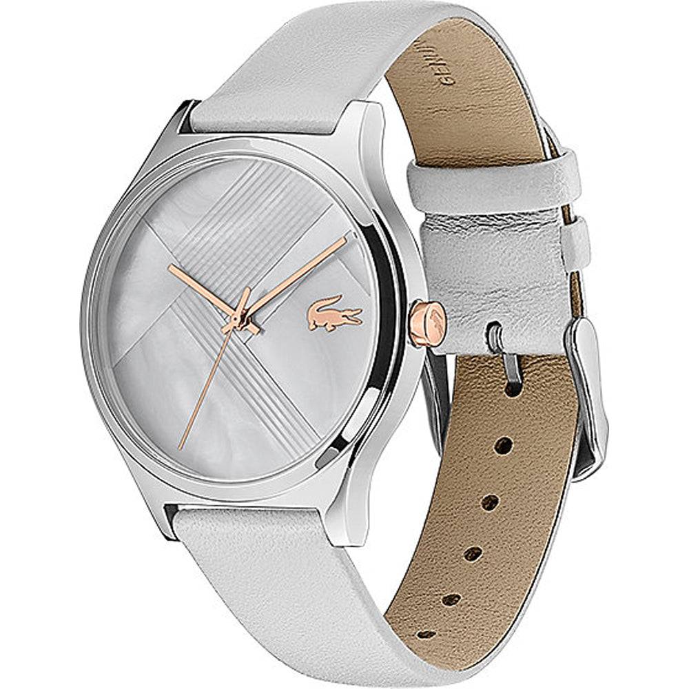 Lacoste Nikita Dameshorloge 38mm met zilverkleurige kast en witte leren band, stijlvol Lacoste dameshorloge voor modebewuste vrouwen.