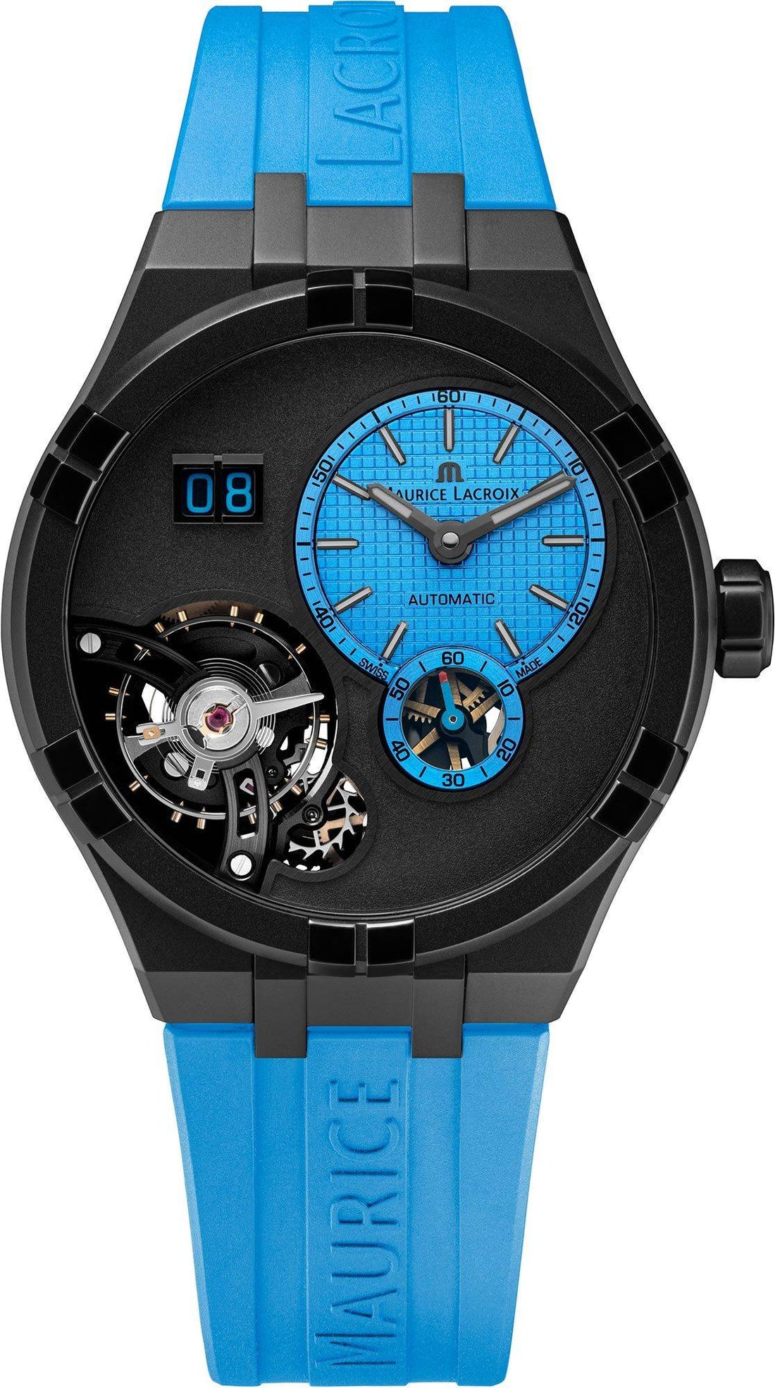 Maurice Lacroix Aikon klok 45mm kopen met blauw rubberen band en opengewerkte tourbillon, luxe heren horloge met Zwitsers automatisch uurwerk.