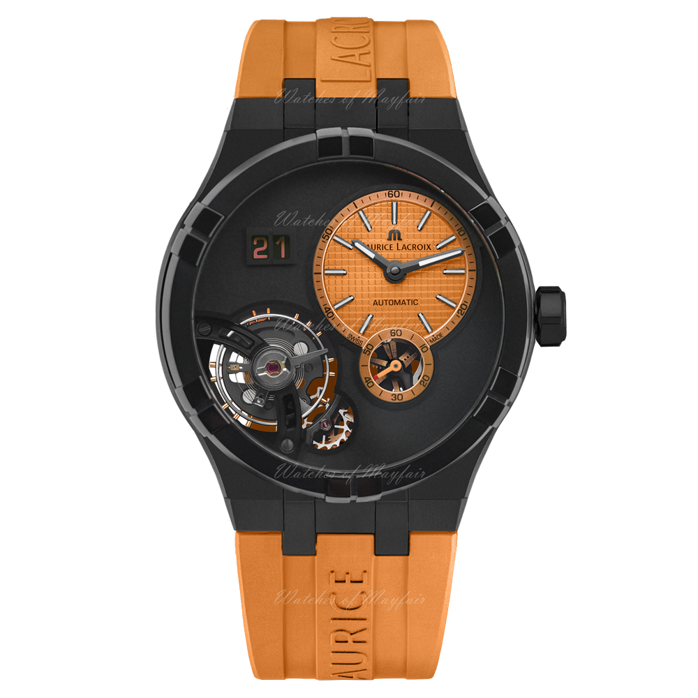 Maurice Lacroix Aikon Master Herenhorloge 45mm met oranje rubberen band en opengewerkte wijzerplaat, Swiss Made automatisch uurwerk.