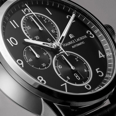 Maurice Lacroix Pontos PT6388-SS001-320-2 automatische chronograaf herenhorloge met zwarte leren band en zwarte wijzerplaat, Swiss Made.