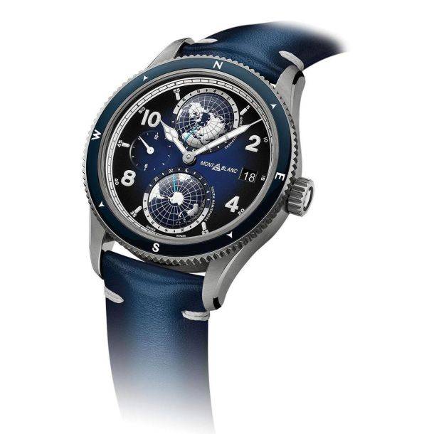 Montblanc 1858 Geosphere Automatic ref: 125565 Titanium Herenhorloge 42mm met blauwe leren band en wereldtijdcomplicatie, Swiss Made design.