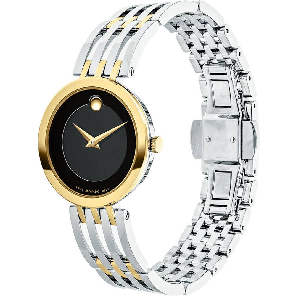 Movado Esperanza 0607053 dameshorloge 28mm met een elegant ontwerp, zilverkleurige en goudkleurige armband en minimalistische zwarte wijzerplaat.