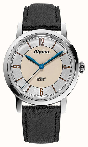 Alpina Heritage Startimer Pilot Automatic horloge 38mm met zwart lederen band en blauwe wijzers. Stijlvol Swiss Made herenhorloge met retro design.
