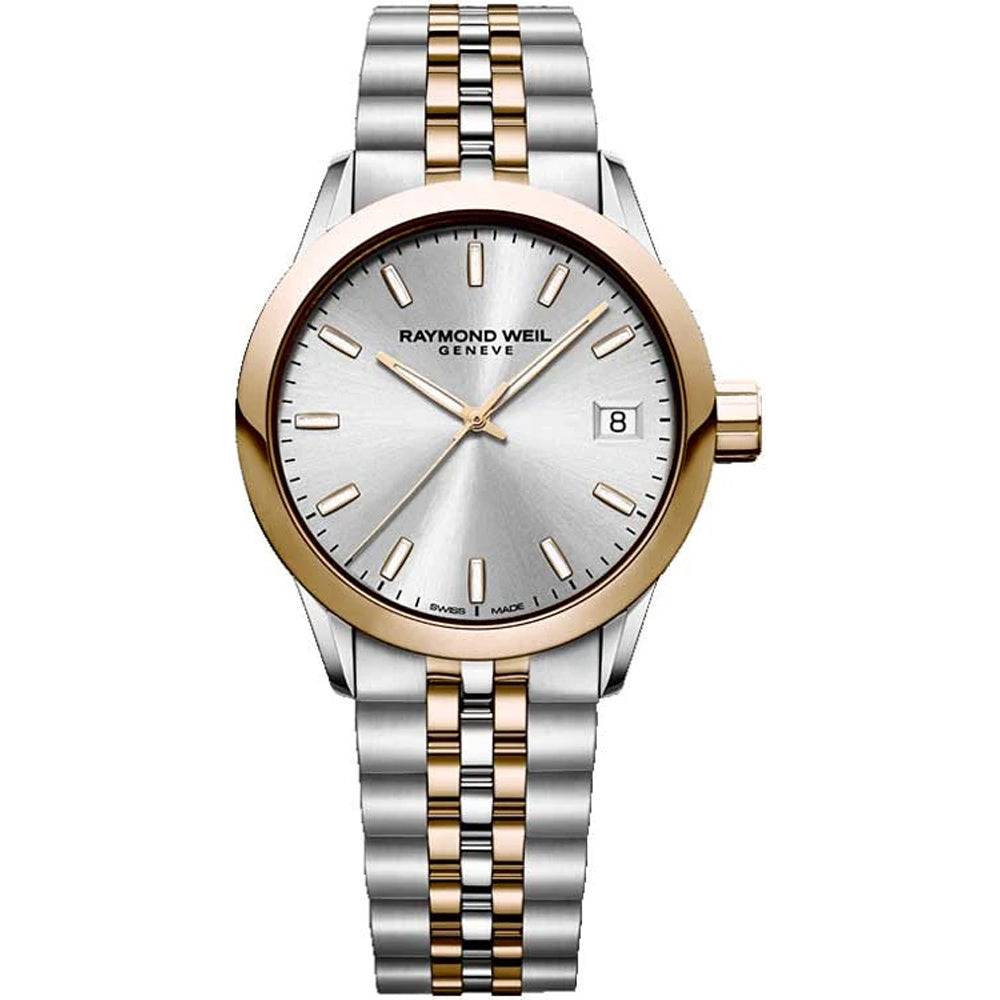 Raymond Weil Maestro 2237-SP5-65021 herenhorloge met 39,5mm kast, zilveren wijzerplaat en bicolor stalen band. Elegant Swiss Made design.