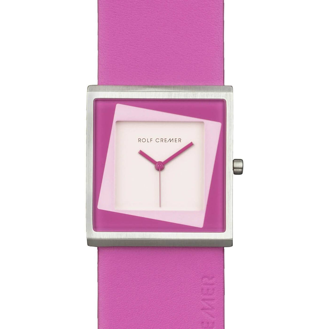 Rolf Cremer Dameshorloge Yess 507210 34mm met vierkante kast en roze leren band. Stijlvol design voor moderne dames, duurzaam en opvallend.