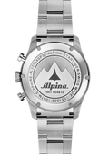 Achterzijde van de Alpina Startimer Pilot Chronograph herenhorloge 41mm met gegraveerd Alpina-logo en roestvrijstalen band. Swiss Made kwaliteit en sportief design.