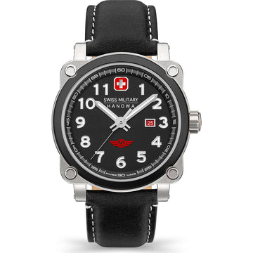 Aerograph Night Vision - Swiss Military Hanowa Herenhorloge met zwart lederen band, 43mm kast en Zwitsers quartz uurwerk in pilotenstijl.