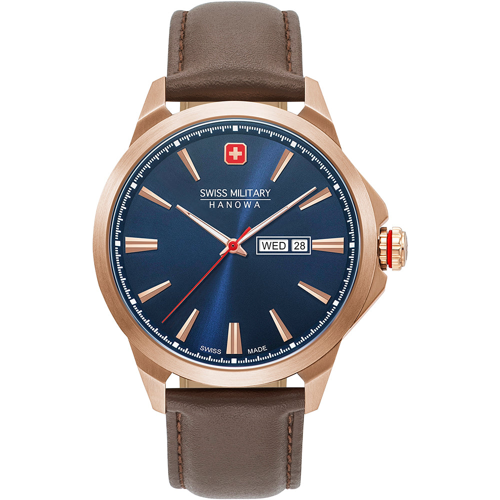 Swiss Military Hanowa Day Date Classic herenhorloge 06-4346.02.003 met blauwe wijzerplaat, roségouden kast en bruine lederen band. Zwitsers design met dag- en datumaanduiding, ideaal voor stijlvolle heren.