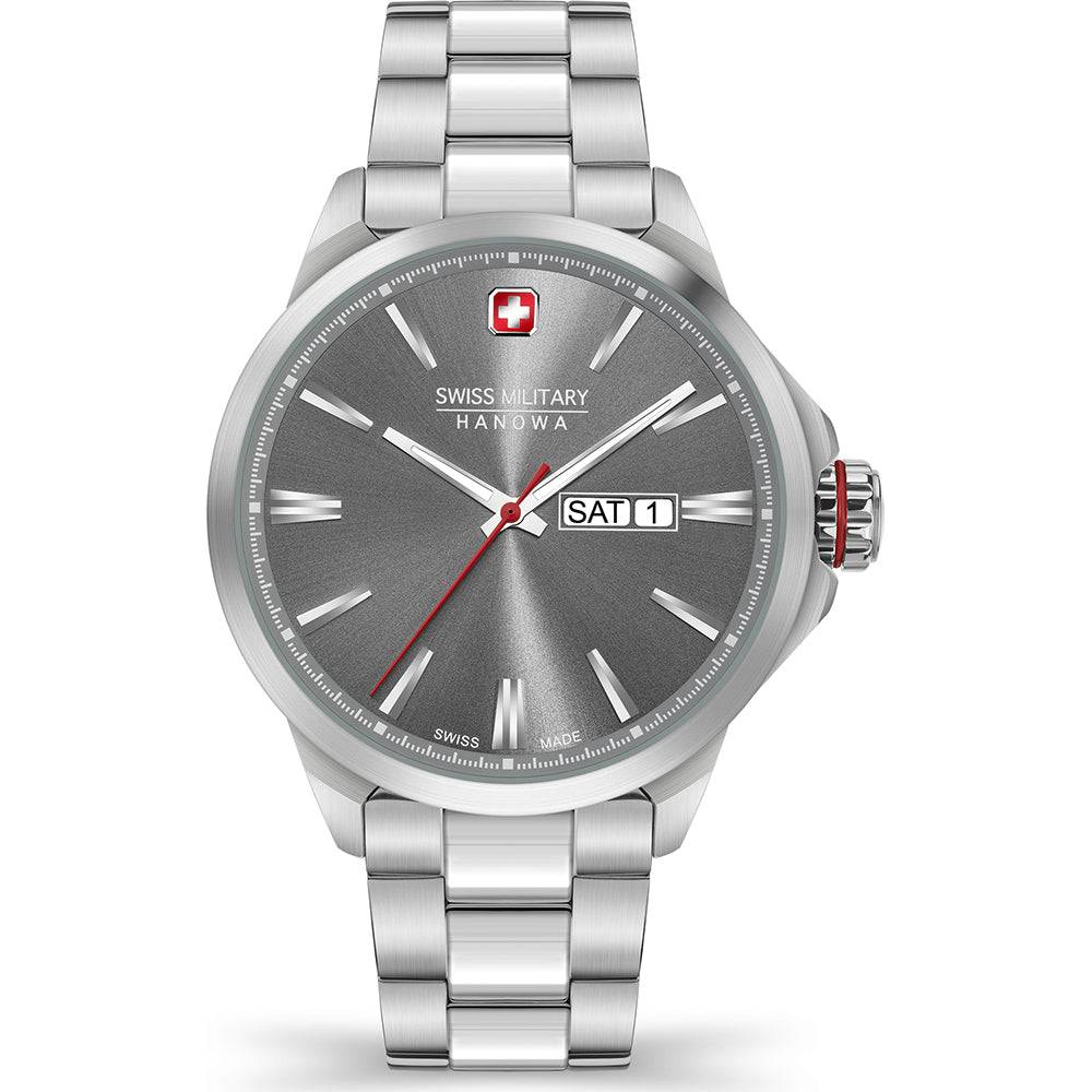 Swiss Military Hanowa - Zwitserse Horloge 42mm met grijze wijzerplaat, dag- en datumaanduiding en roestvrijstalen band. Ideaal herenhorloge voor dagelijks gebruik.