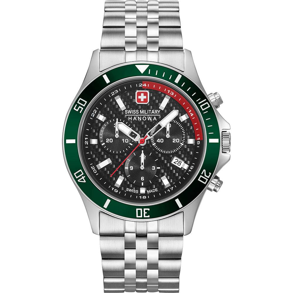 Swiss Military Hanowa chronograaf herenhorloge 42mm met groene lunette, roestvrijstalen band en zwart carbon wijzerplaat met datumweergave.