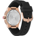 Swiss Military Hanowa Sonoran Chrono Herenhorloge 43mm met roségouden kast en zwarte siliconen band, achteraanzicht van de horlogekast.