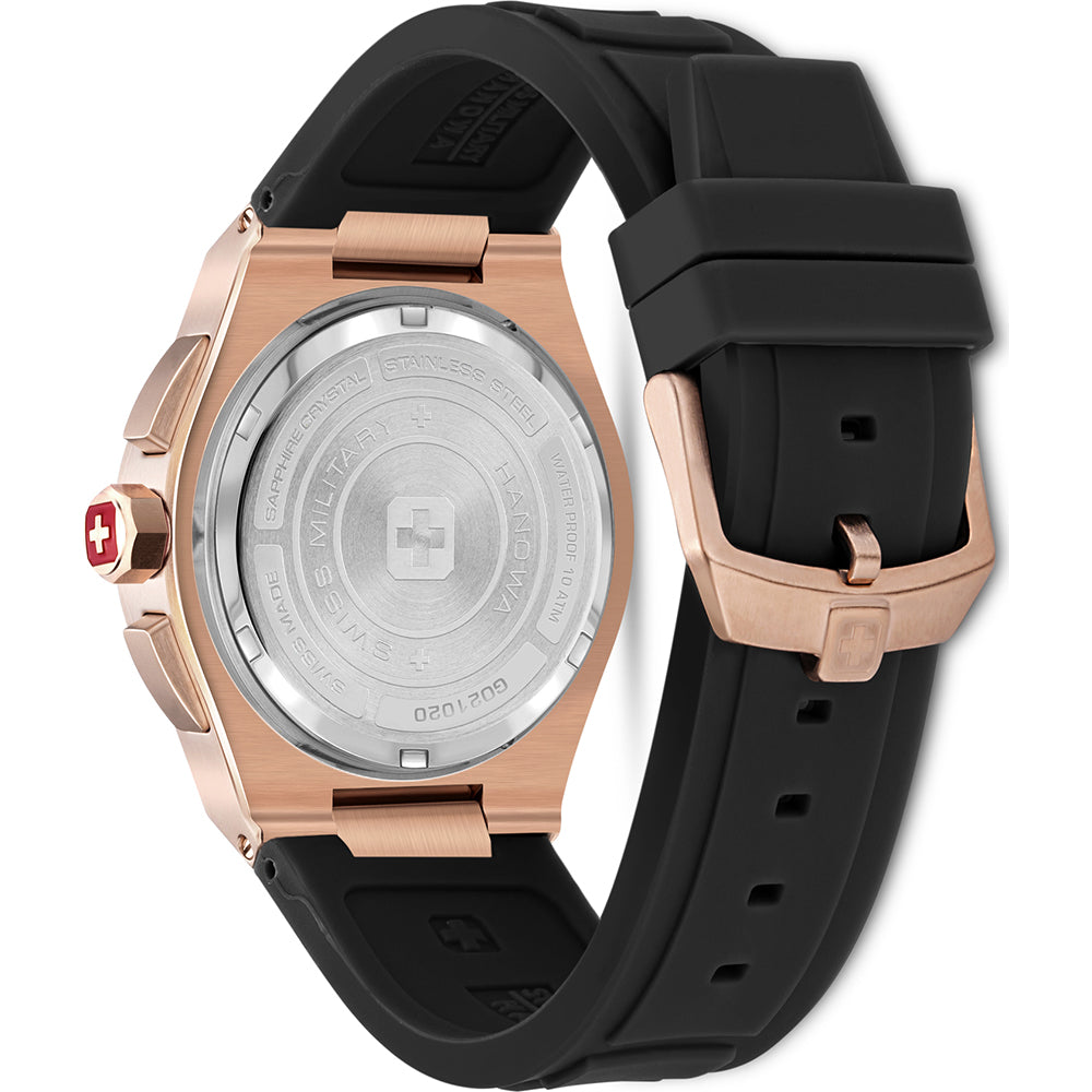 Swiss Military Hanowa Sonoran Chrono Herenhorloge 43mm met roségouden kast en zwarte siliconen band, achteraanzicht van de horlogekast.