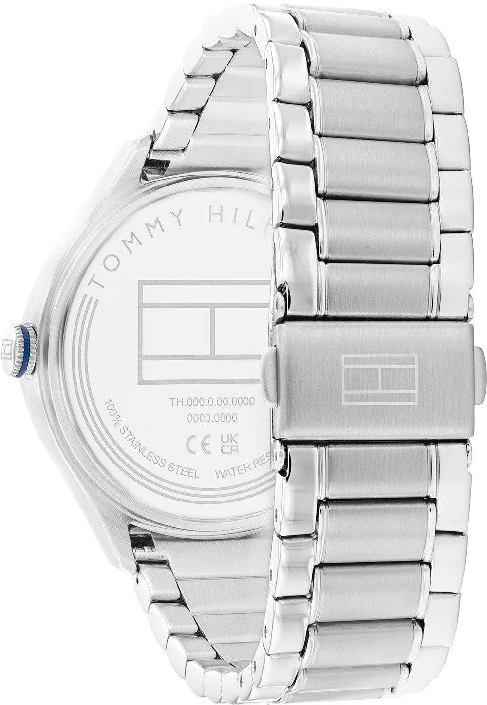 Tommy Hilfiger Lexi Horloge 40mm voor dames met zilverkleurige schakelband en blauwe wijzerplaat. Elegant horloge uit de nieuwste collectie.