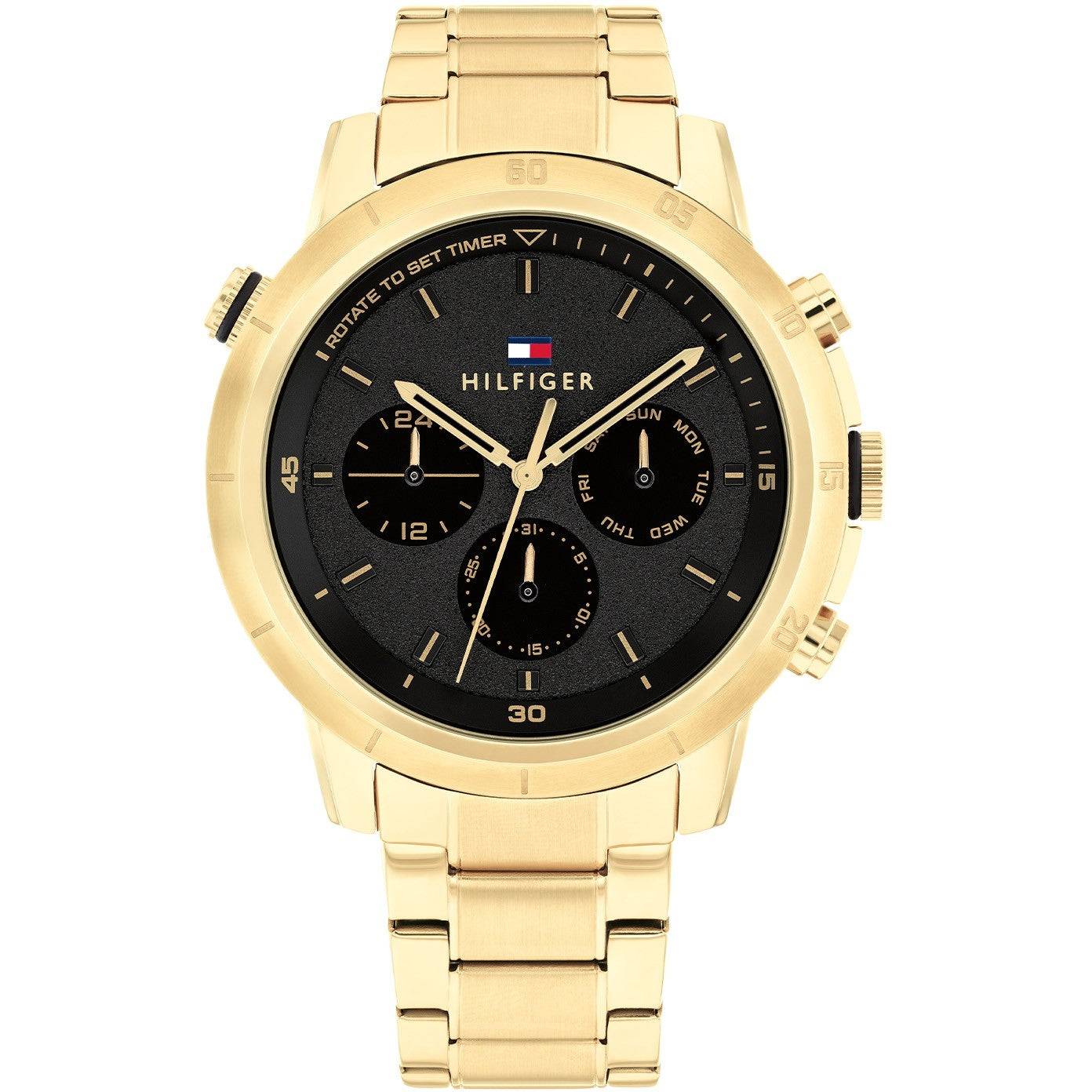 Tommy Hilfiger Herenhorloge TH1792109 Troy met goudkleurige roestvrijstalen band en zwarte wijzerplaat, ideaal voor stijlvolle gelegenheden.