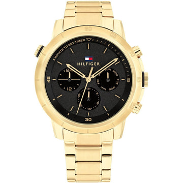 Tommy Hilfiger Herenhorloge TH1792109 Troy met goudkleurige roestvrijstalen band en zwarte wijzerplaat, ideaal voor stijlvolle gelegenheden.