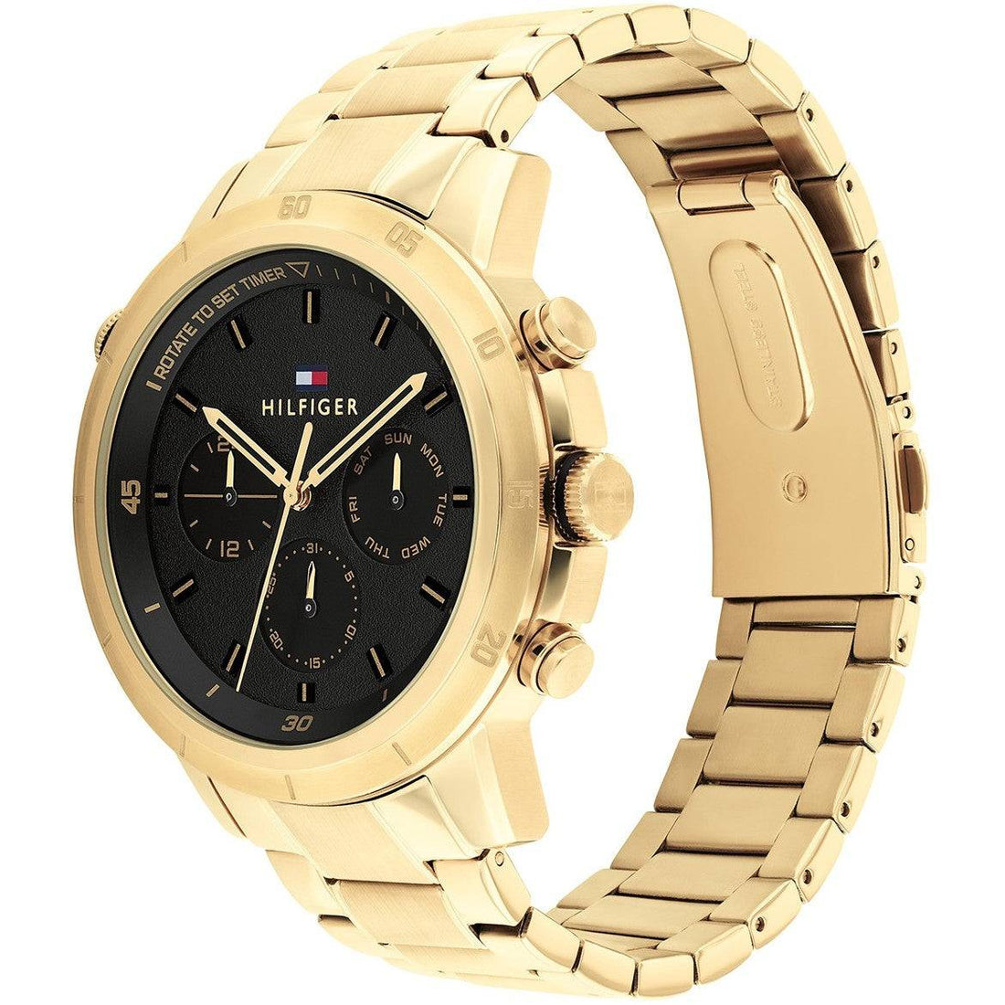 Tommy Hilfiger Herenhorloge TH1792109 Troy met goudkleurige roestvrijstalen band en zwarte wijzerplaat, ideaal voor stijlvolle gelegenheden.