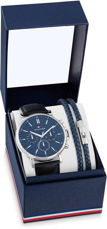 Tommy Hilfiger Herenhorloge 44 mm - TH2770161 in luxe geschenkset met zwart leren band en blauwe armband, ideaal als cadeau voor heren.