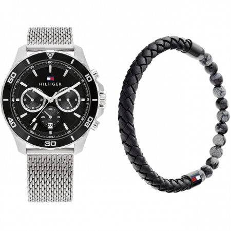 Tommy Hilfiger TJ2770003 Giftset Jordan herenhorloge 43mm met zilverkleurige mesh band en zwarte armband. Stijlvol cadeau voor heren.