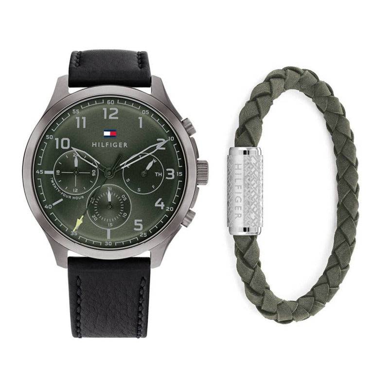 Tommy Hilfiger TH2770016 chronograaf herenhorloge 45mm met groene wijzerplaat, zwarte leren band en bijpassende groene gevlochten armband.