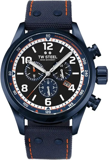 TW Steel SVS312 Fast Lane WRC Limited Edition herenhorloge 48mm met zwart-blauwe kast, chronograaf en oranje accenten op leren band.