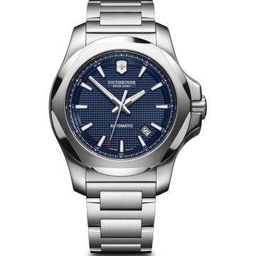 Victorinox I.N.O.X. Automatic 241835 43mm herenhorloge met blauwe wijzerplaat en roestvrijstalen band, waterdicht tot 20 ATM. Swiss Made horloge voor heren, ideaal voor dagelijks gebruik en outdoor activiteiten.