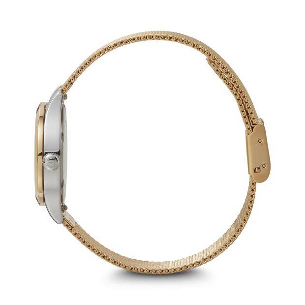 Zijaanzicht van de Victorinox Alliance 28mm-XS dameshorloge met goudkleurige mesh band en Zwitserse precisie. Elegant design voor moderne vrouwen.